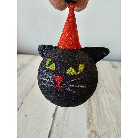 Pier 1 glitter cat hat ornament Halloween decor kitten black sparkle - Picture 1 of 8
